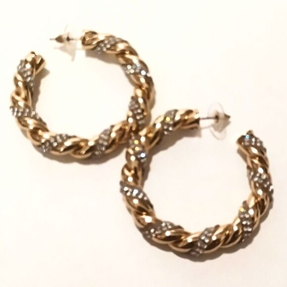 Gold Tone and Rhinestone Twisted Rope Hoop Earrings - Picture 6 of 6